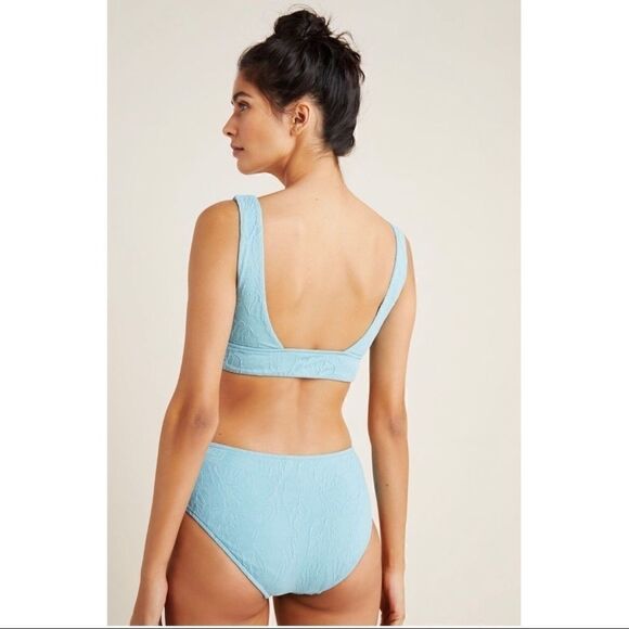 NEW Anthropologie Seafolly Wide Side Palm Coast Retro Blue Belted Bikini Size 8 - Picture 2 of 3